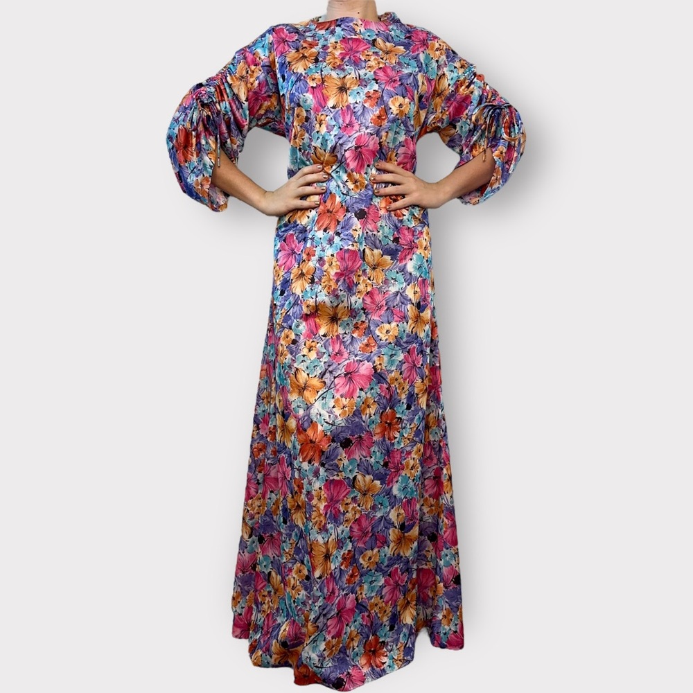 Vintage 1980s Floral, Home Sewn, Ruched Sleeve Maxi Dress - Picture 2 of 6